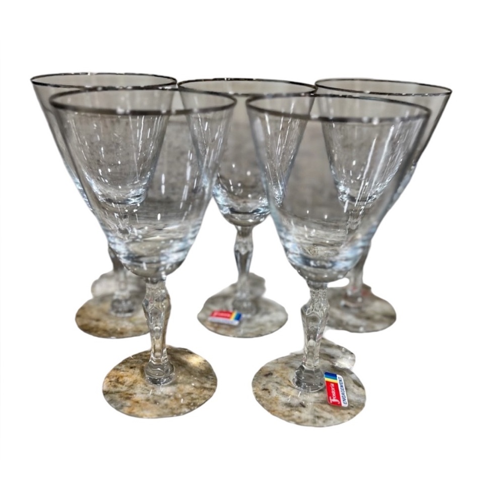 Gently ❤️’d. 5~Fostoria Crystal Clear Wine Glass 7” platinum trim.